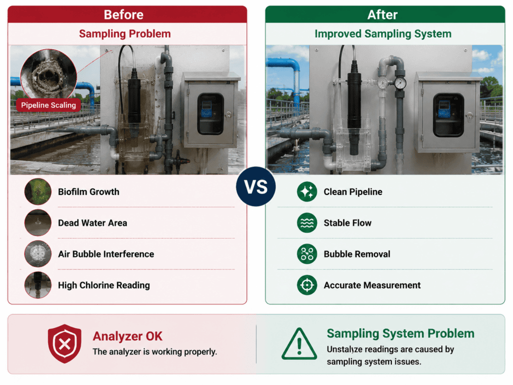 Chemical wastewater residual chlorine analyzer sampling system problem case