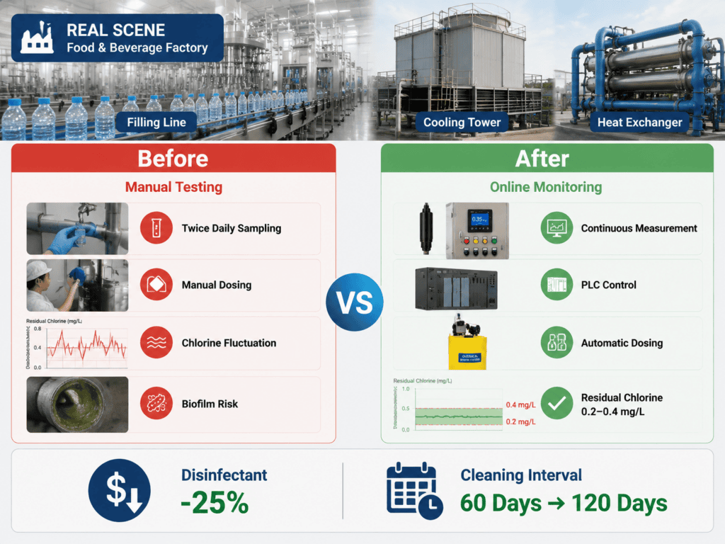 Food beverage plant cooling water online residual chlorine monitoring case