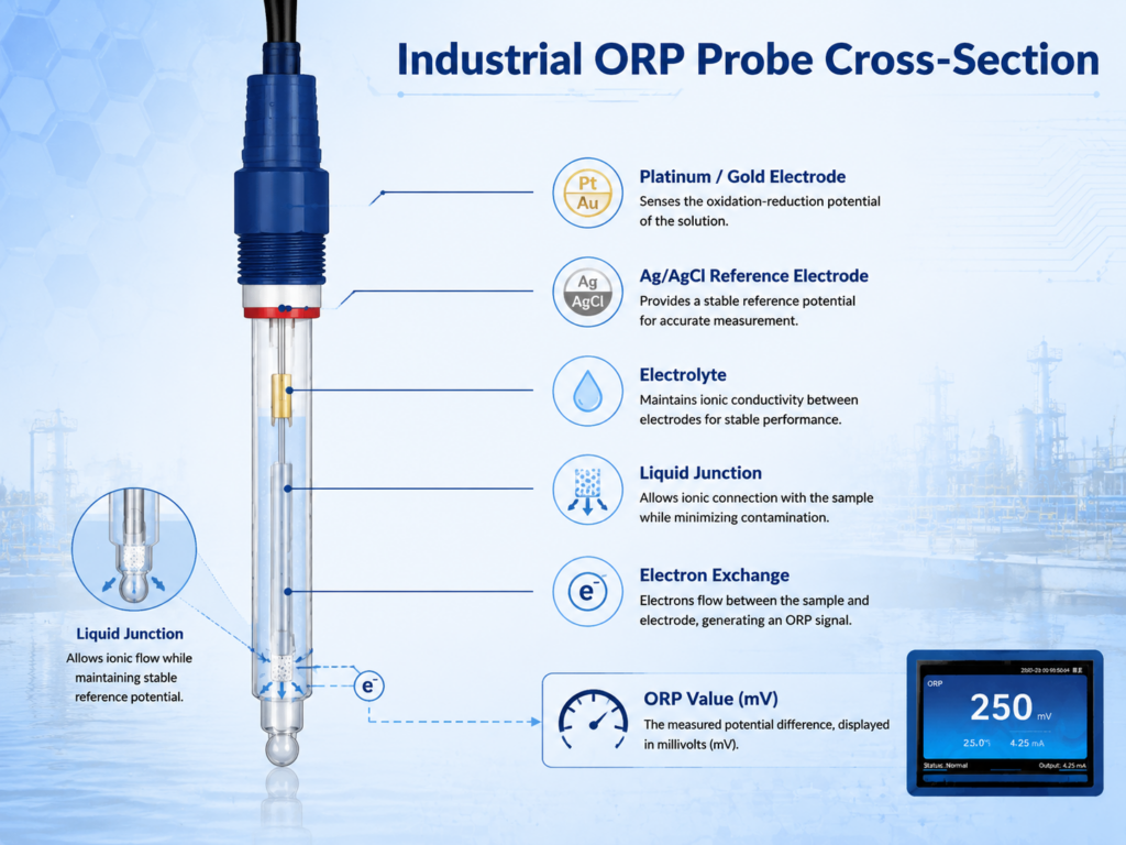 How an industrial ORP sensor measures oxidation reduction potential