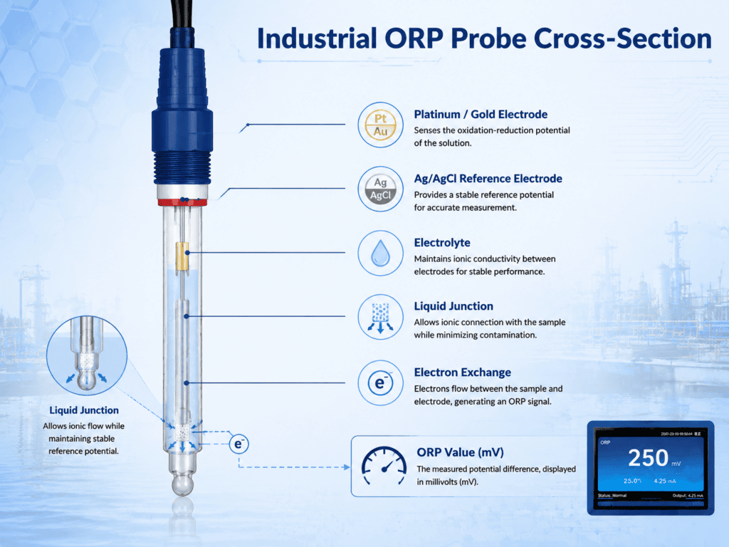 How an industrial ORP sensor measures oxidation reduction potential