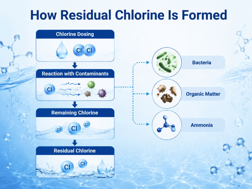 Residual chlorine formation during water disinfection