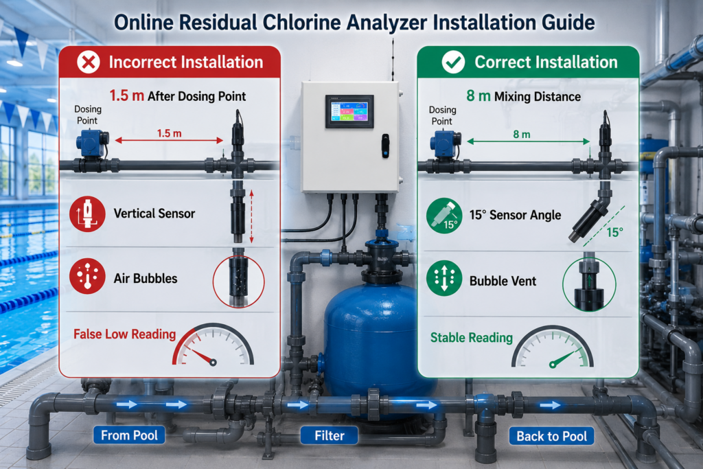 Correct and incorrect installation of an online free chlorine analyzer