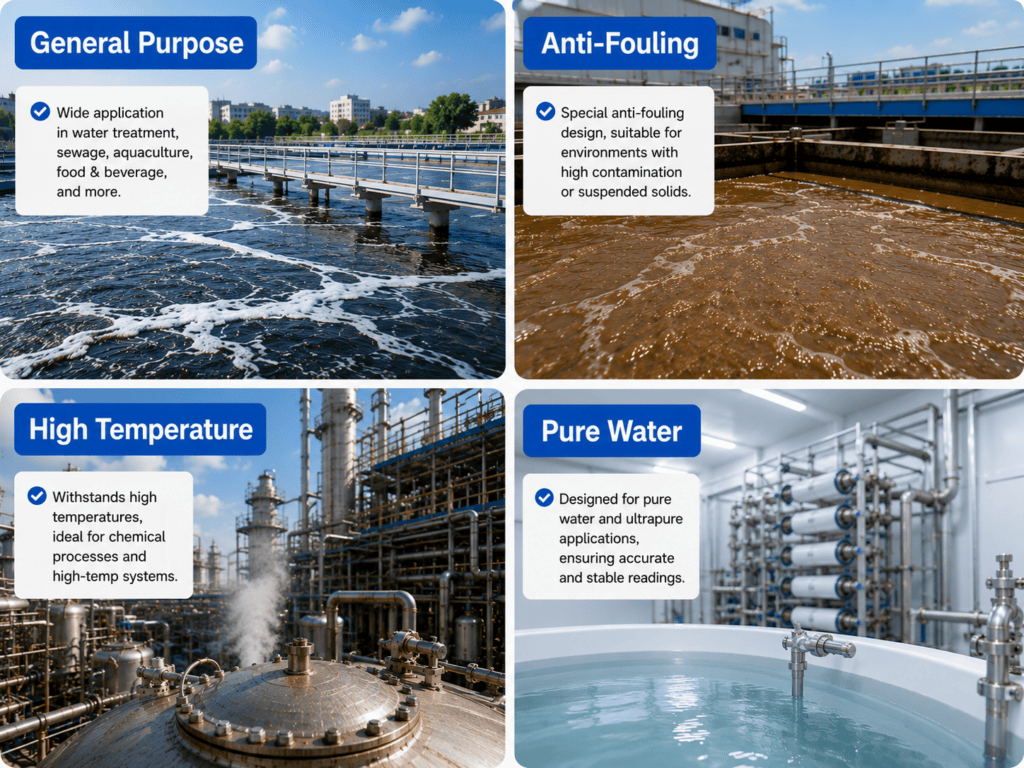 Different types of industrial pH sensors