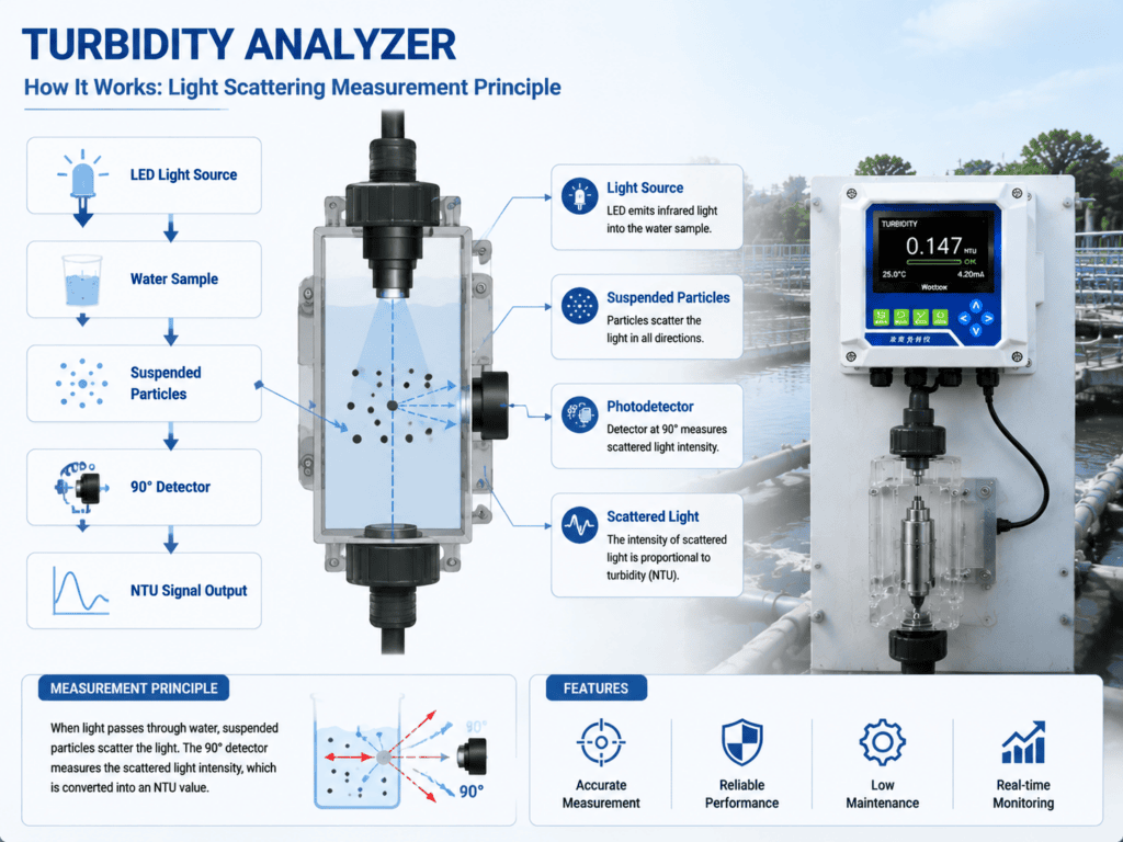 Inline turbidity sensor light scattering measurement principle