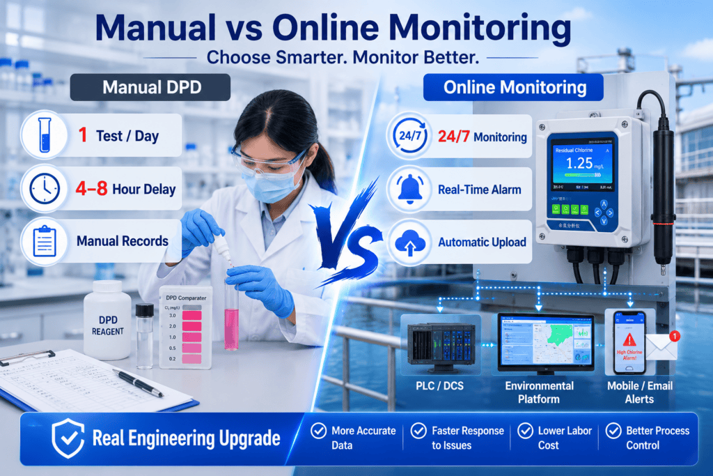 Comparison between manual DPD testing and online residual chlorine monitoring