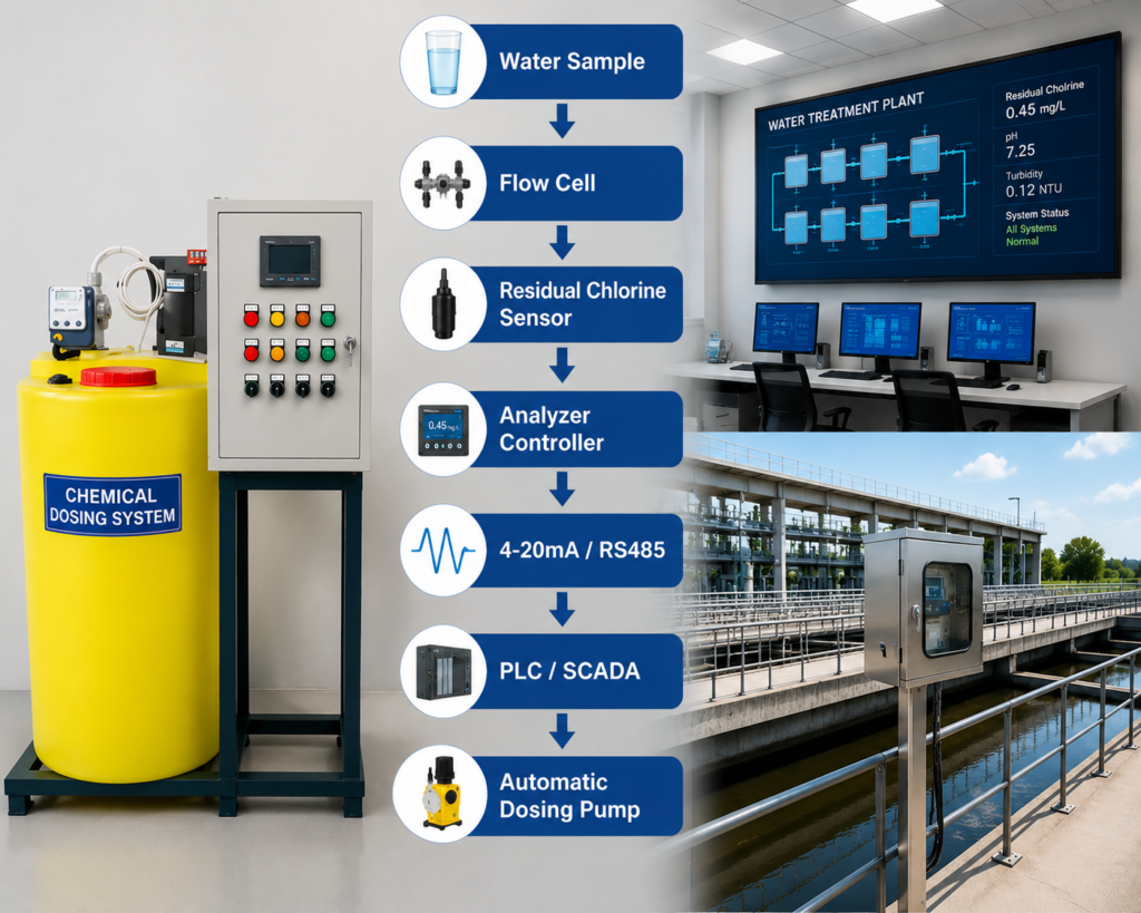 Online residual chlorine monitoring system with PLC automatic dosing control