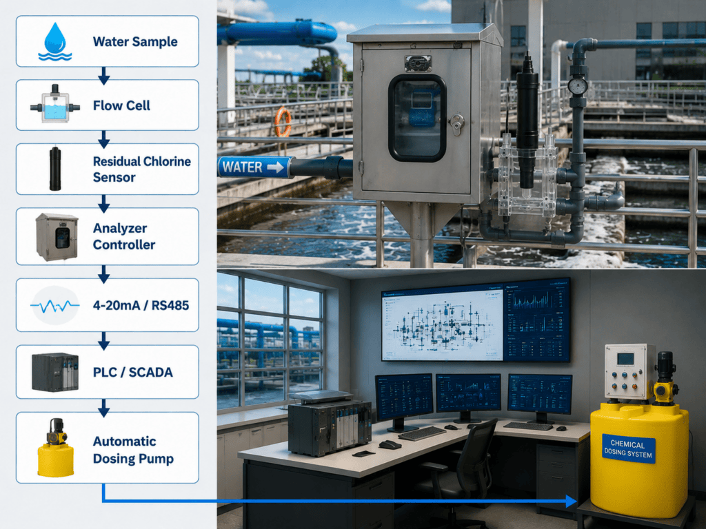 Online residual chlorine monitoring system structure with PLC control