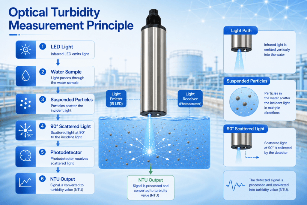 Optical turbidity sensor working principle using 90 degree light scattering