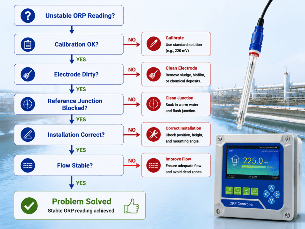 ORP sensor troubleshooting flowchart for unstable readings