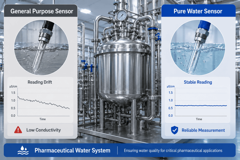 Pure water pH sensor compared with a standard pH sensor