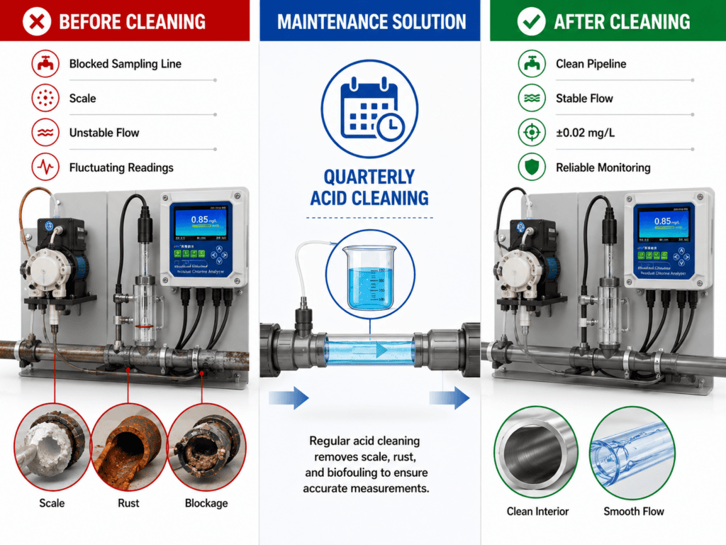 Sampling line scaling affecting residual chlorine analyzer performance