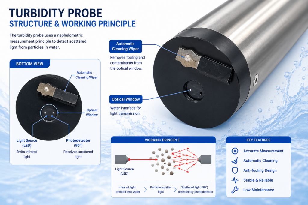 Main optical components inside an industrial turbidity sensor