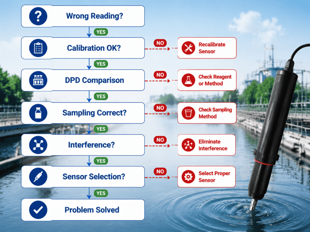 Residual chlorine analyzer troubleshooting flowchart