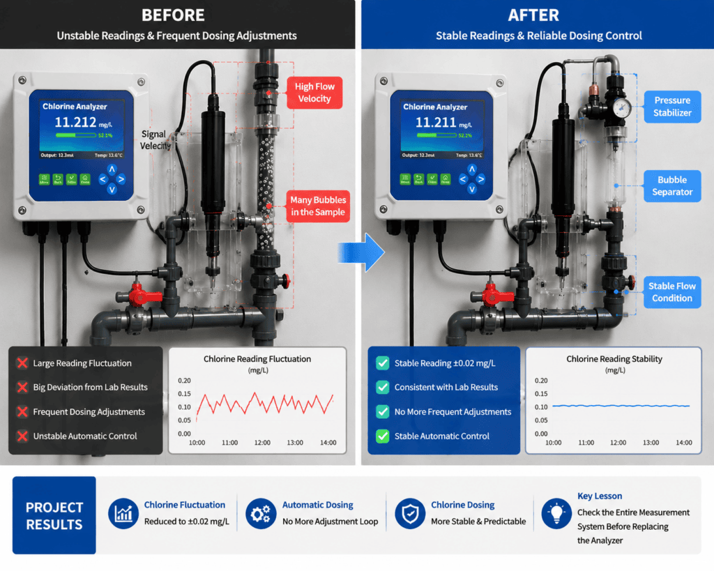 Residual chlorine analyzer unstable reading caused by sampling system problems